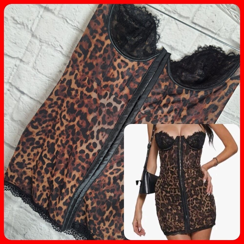 Dolls Kill Leopard Print Mesh Corset Dress Sz XL Captivating Gazes Current Mood